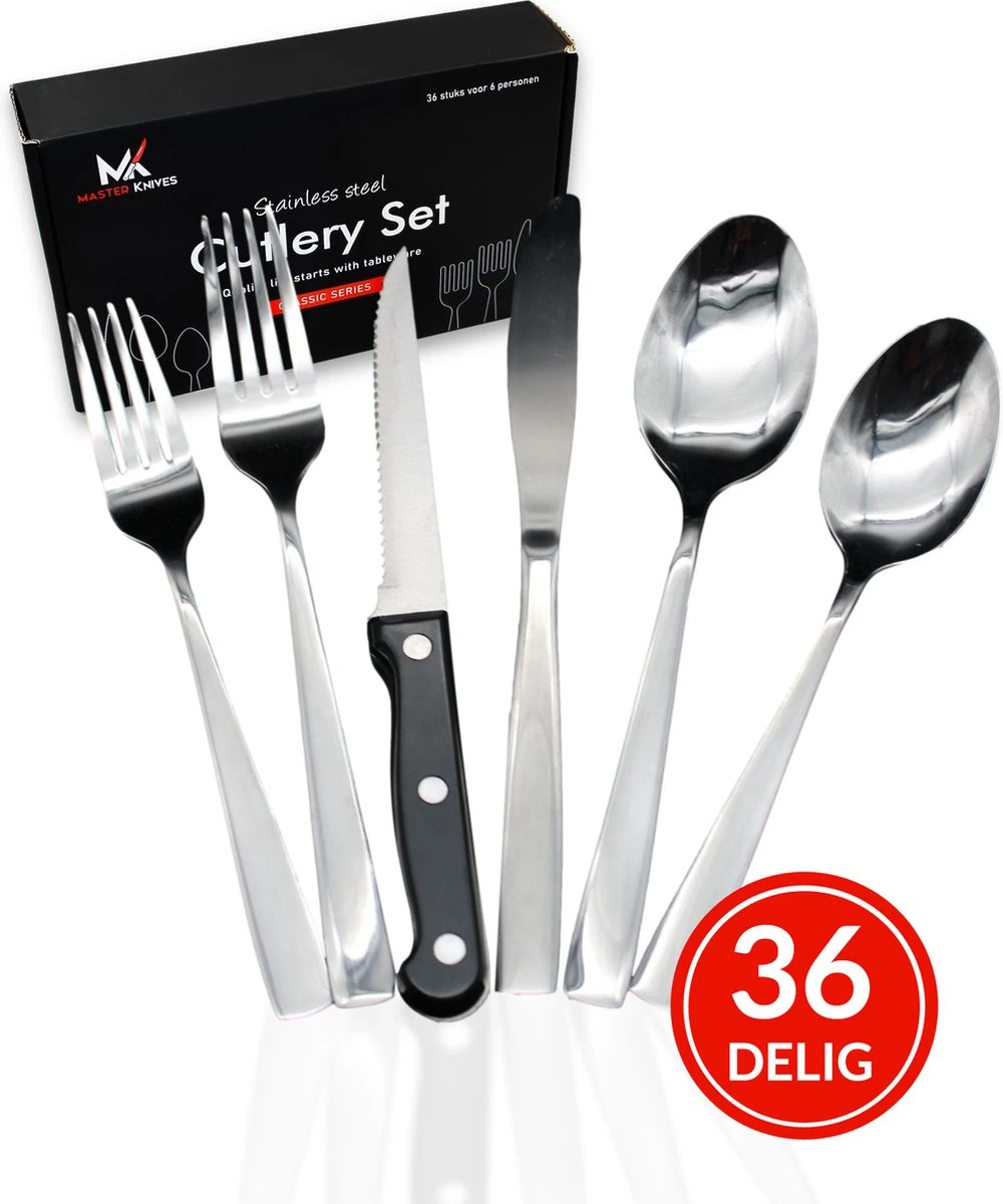 Master Knives 6 Persoons Bestekset (36-delig) - Lepels, Messen, Vorken & Steakmessen - Vaatwasserbestendig - Zilver / RVS 12 Master Knives 6 Persoons Bestekset (36-delig) - Lepels, Messen, Vorken & Steakmessen - Vaatwasserbestendig - Zilver / RVS - Afbeelding 10