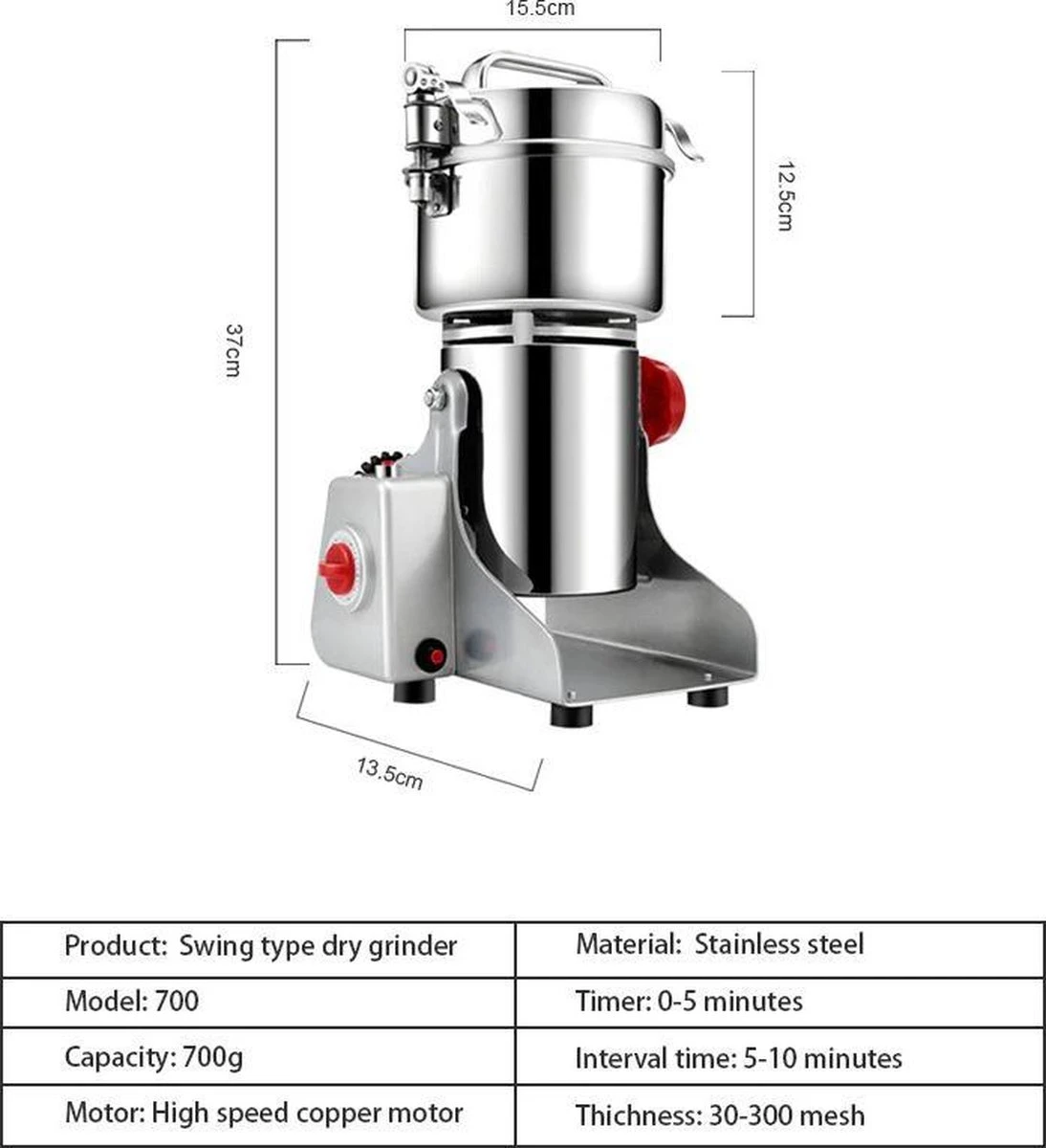 Professionele Graanmolen Elektrisch 700 Gram - Kruiden Maler - Sprice Grinder - Kruidenmolen - RVS - 2500W 5 Professionele Graanmolen Elektrisch 700 Gram - Kruiden Maler - Sprice Grinder - Kruidenmolen - RVS - 2500W - Afbeelding 4