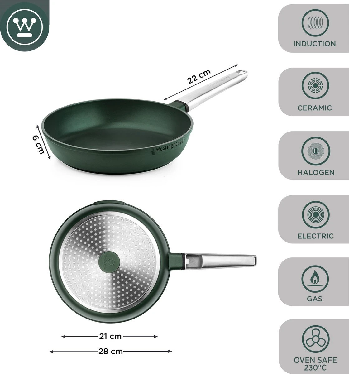 Westinghouse Pannenset - Performance Series Koekenpan 24cm + Koekenpan 28cm - Groen - Koekenpannenset 2-delig - Geschikt Voor Alle Warmtebronnen Inclusief Inductie 7 Westinghouse Pannenset - Performance Series Koekenpan 24cm + Koekenpan 28cm - Groen - Koekenpannenset 2-delig - Geschikt Voor Alle Warmtebronnen Inclusief Inductie - Afbeelding 5
