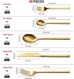 Cadeau 30-delige Gouden Zilverwerk Set Bestekset, Velaze 18/10 Roestvrijstalen Gebruiksvoorwerpen Service Voor 6 Personen Inclusief Dinerlepel, Diner Vork, Diner Mes, Dessertvork En Theelepel, Spiegel Gepolijst Ontwerp -Home-Keuken 1125x1200