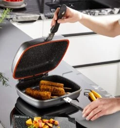 Herenthal Dubbele Grillpan - Ø 28 Cm - Koekenpan - Keramische Pan - Marmeren Coating Met Antiaanbaklaag - PFAS & PFOA Vrij - Pan - Grill - Vermindert Geur, Rook En Oliespatten - Zilver -Home-Keuken 1132x1200