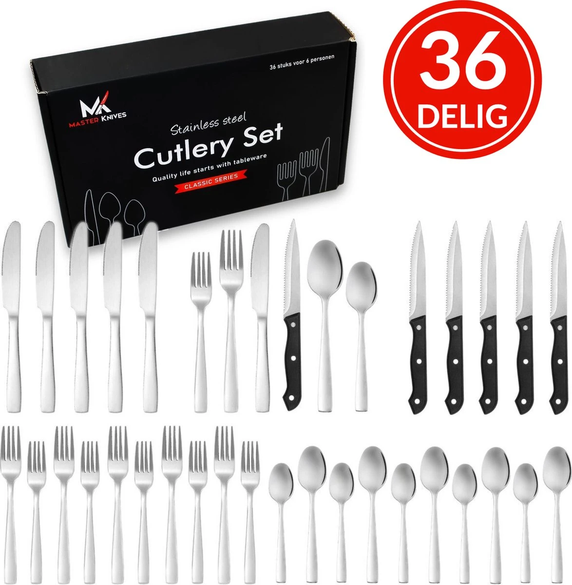 Master Knives 6 Persoons Bestekset (36-delig) - Lepels, Messen, Vorken & Steakmessen - Vaatwasserbestendig - Zilver / RVS 3 Master Knives 6 Persoons Bestekset (36-delig) - Lepels, Messen, Vorken & Steakmessen - Vaatwasserbestendig - Zilver / RVS