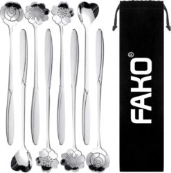 Fako Bijoux® - 8 Lange Lepels Bloem Motief - Latte Macchiato - Longdrink - Cocktail - Dessert - IJs - Koffie - Zilver - 8 Stuks - Bewaarzakje