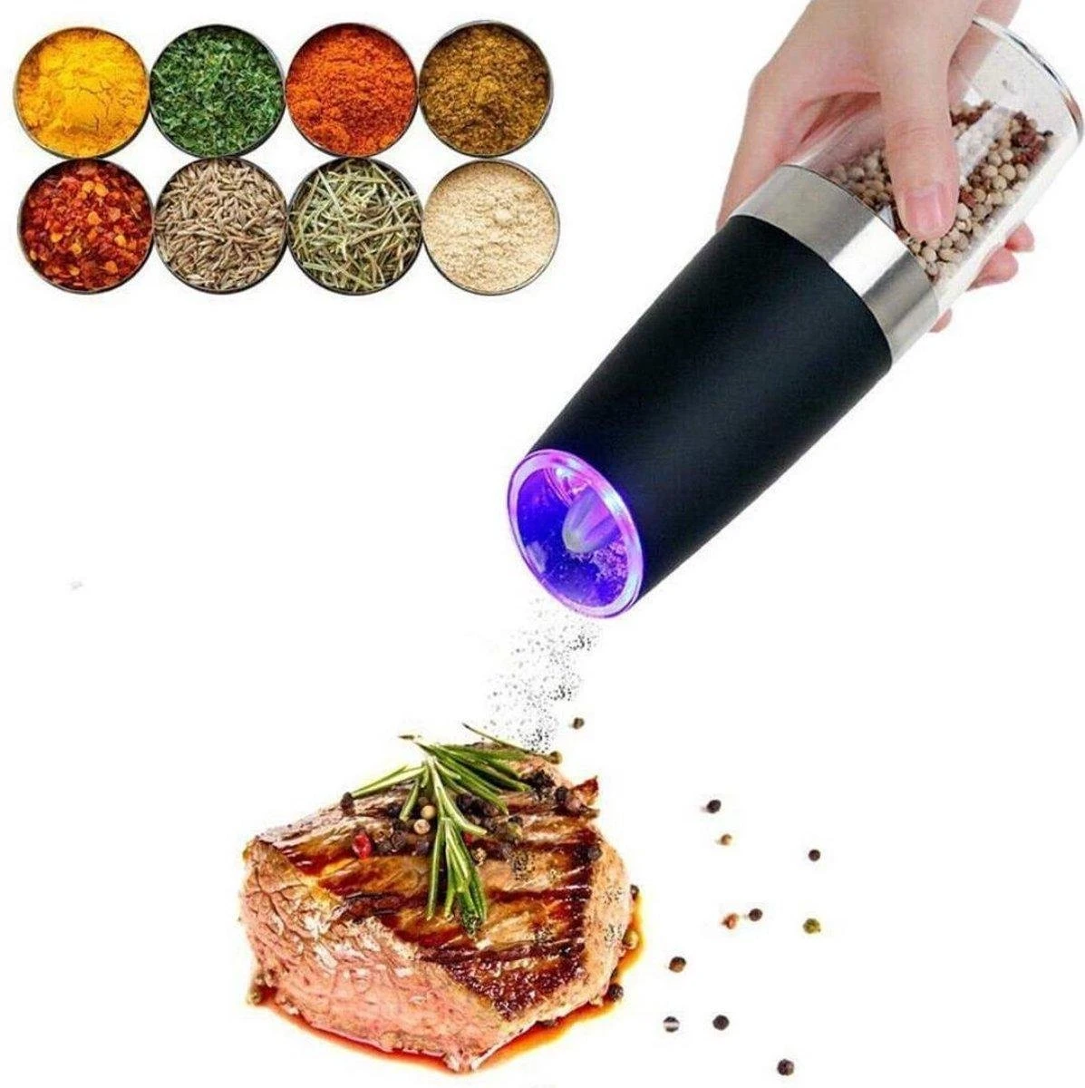 RSQUAD® - Elektrische Zout Pepermolen - 1x Automatische Peper Zoutmolen - Kruidenmolen - Met Blauw LED Licht - Zwart 3 RSQUAD® - Elektrische Zout Pepermolen - 1x Automatische Peper Zoutmolen - Kruidenmolen - Met Blauw LED Licht - Zwart