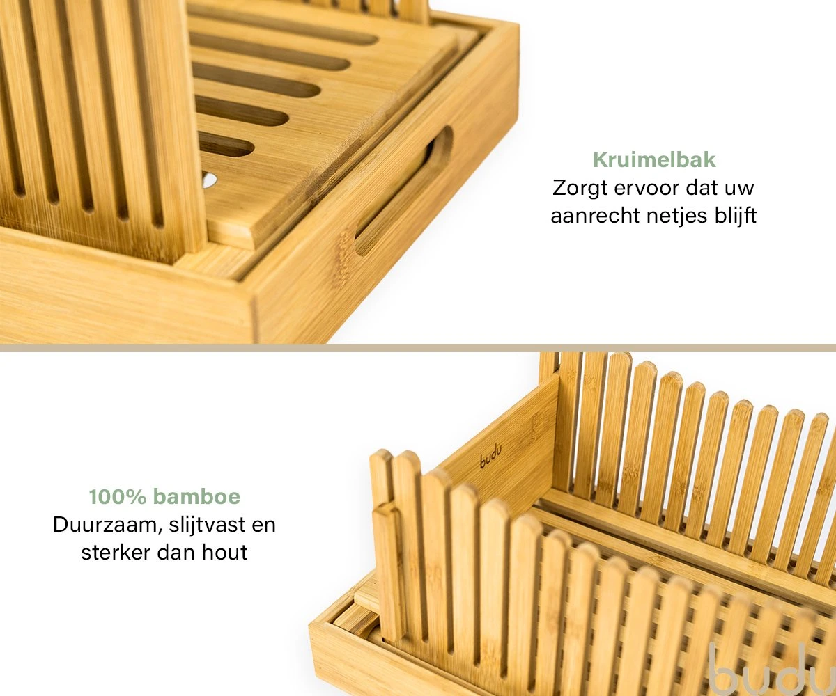 Budu Broodsnijder Bamboe – Broodsnijder Hulpmiddel - Broodplank Hout – Broodsnijplank Met Opvangbak - Bamboe - 30x20cm 5 Budu Broodsnijder Bamboe – Broodsnijder Hulpmiddel - Broodplank Hout – Broodsnijplank Met Opvangbak - Bamboe - 30x20cm - Afbeelding 3