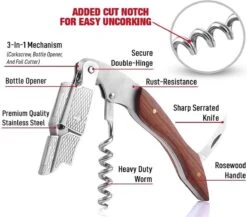 Merkloos Luxe Kelnersmes - Natuurlijk Hout - Roestvrij Staal Met Gesleufde Groef - Wijnopener - Sommeliersmes -Home-Keuken 1200x1054 3