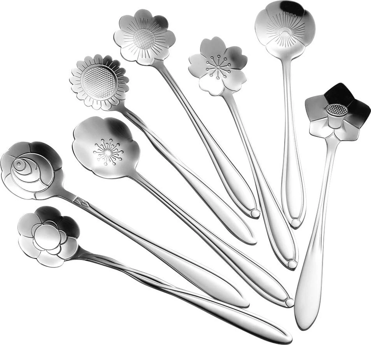 Fako Bijoux® - Bloemen Lepels Set - Theelepel / Koffielepel - 12cm - Zilver - 8 Stuks 8 Fako Bijoux® - Bloemen Lepels Set - Theelepel / Koffielepel - 12cm - Zilver - 8 Stuks - Afbeelding 6