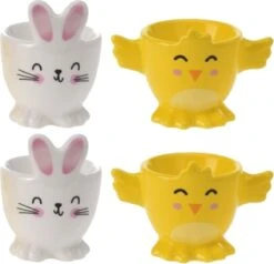Merkloos 4x Witte Paashaas En Gele Kuiken Eierdopjes 7 Cm - Paasdecoratie/Paasontbijt