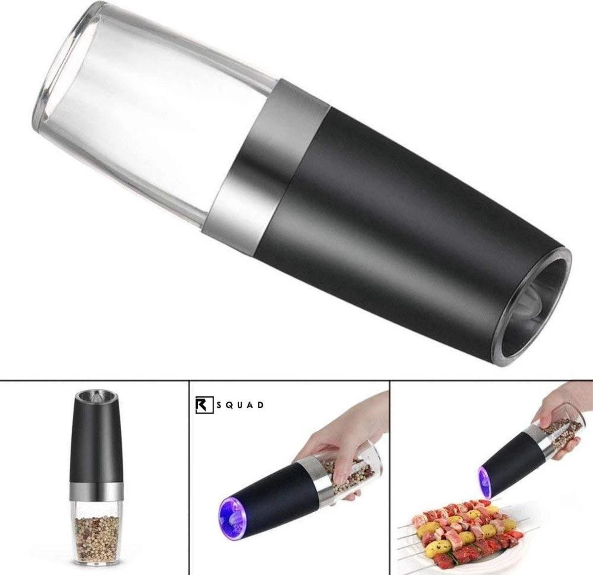 RSQUAD® - Elektrische Zout Pepermolen - 1x Automatische Peper Zoutmolen - Kruidenmolen - Met Blauw LED Licht - Zwart 4 RSQUAD® - Elektrische Zout Pepermolen - 1x Automatische Peper Zoutmolen - Kruidenmolen - Met Blauw LED Licht - Zwart - Afbeelding 2
