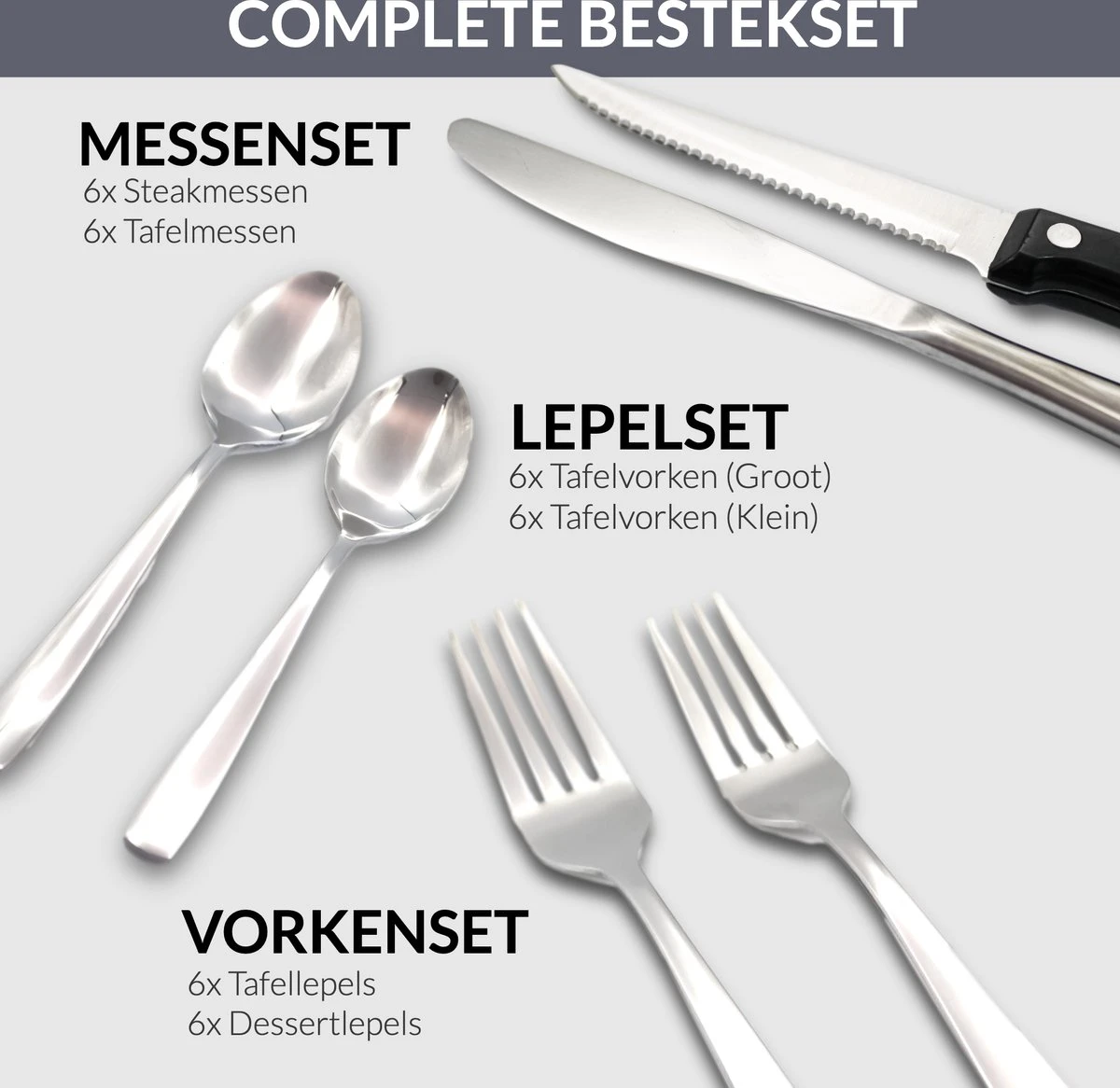 Master Knives 6 Persoons Bestekset (36-delig) - Lepels, Messen, Vorken & Steakmessen - Vaatwasserbestendig - Zilver / RVS 7 Master Knives 6 Persoons Bestekset (36-delig) - Lepels, Messen, Vorken & Steakmessen - Vaatwasserbestendig - Zilver / RVS - Afbeelding 5
