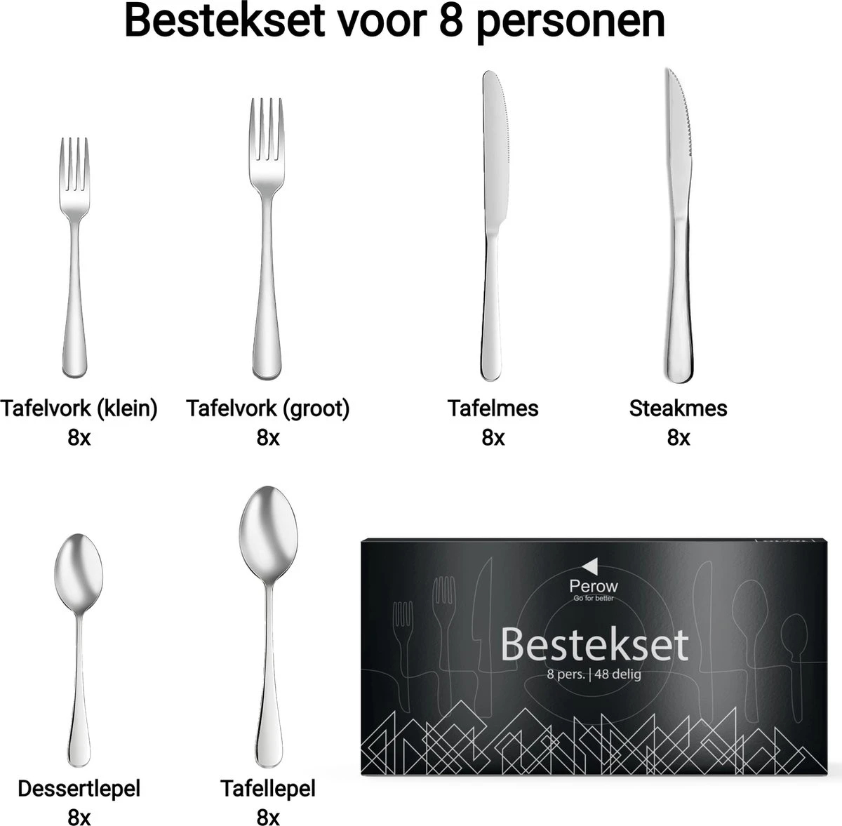 Perow 8 Persoons Bestekset - 48 Delig - 18/10 Edelstaal - Lepels, Messen, Vorken & Steakmessen - Vaatwasser Bestendig - Zilver 10 Perow 8 Persoons Bestekset - 48 Delig - 18/10 Edelstaal - Lepels, Messen, Vorken & Steakmessen - Vaatwasser Bestendig - Zilver - Afbeelding 8