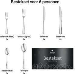 Perow 6 Persoons Bestekset – 36 Delig – 18/10 Edelstaal – Lepels, Messen, Vorken & Steakmessen – Vaatwasserbestendig – Zilver - Serviessets -Home-Keuken 1200x1177 2