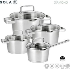 Sola Pannenset Diamond - 4 Delig - Ø 16,16,18,20 Cm - Zilver - RVS - Sandwichbodem -Home-Keuken 1200x1183
