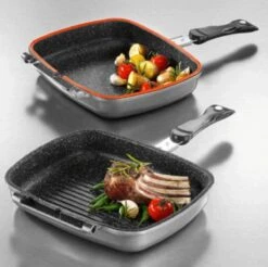 Herenthal Dubbele Grillpan - Ø 28 Cm - Koekenpan - Keramische Pan - Marmeren Coating Met Antiaanbaklaag - PFAS & PFOA Vrij - Pan - Grill - Vermindert Geur, Rook En Oliespatten - Zilver -Home-Keuken 1200x1195