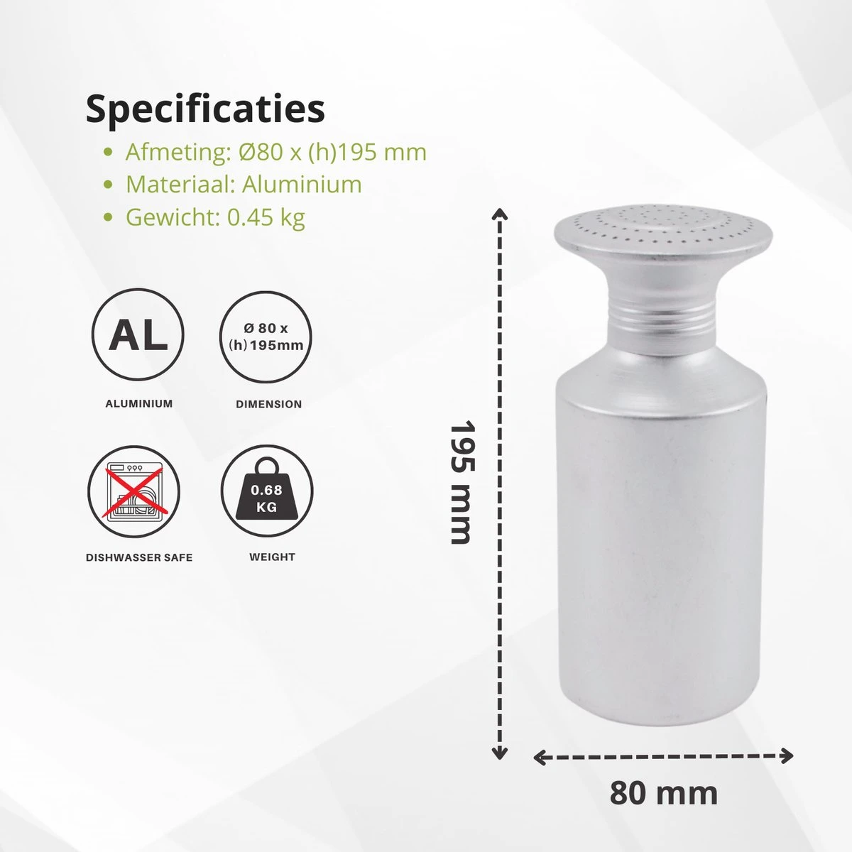 Veluw Zoutstrooier Aluminium - Professionele Zoutstrooier Horeca - Met Schroefdop - Ø8x(H)19,5cm 4 Veluw Zoutstrooier Aluminium - Professionele Zoutstrooier Horeca - Met Schroefdop - Ø8x(H)19,5cm - Afbeelding 2