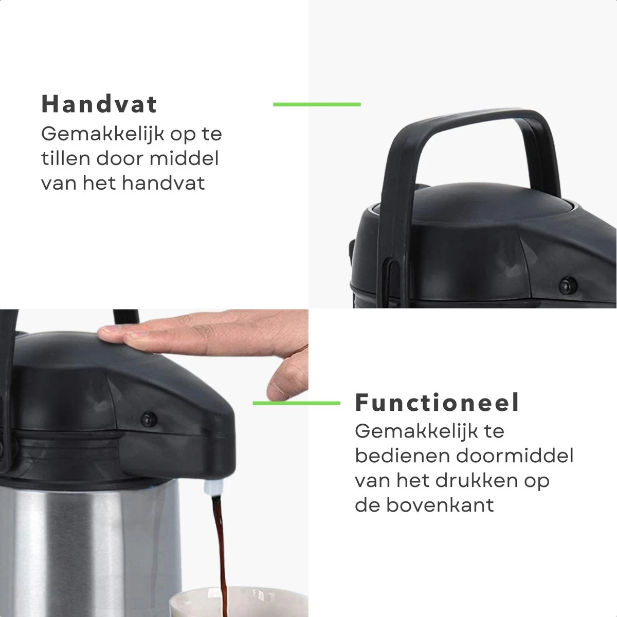 Cheqo® Thermos Pomp - 1.8L Roestvrij Staal - Isoleerkan Met Pomp - Thermoskan Met Pomp - Zwarte Dop & Handvat - Houdt 6 Uur Warm - 1800ml - Afmeting 17x14x36cm 4 Cheqo® Thermos Pomp - 1.8L Roestvrij Staal - Isoleerkan Met Pomp - Thermoskan Met Pomp - Zwarte Dop & Handvat - Houdt 6 Uur Warm - 1800ml - Afmeting 17x14x36cm - Afbeelding 2