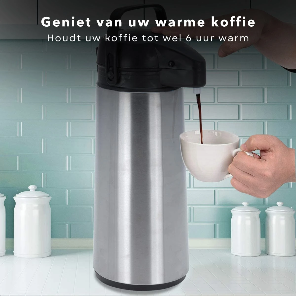Cheqo® Thermos Pomp - 1.8L Roestvrij Staal - Isoleerkan Met Pomp - Thermoskan Met Pomp - Zwarte Dop & Handvat - Houdt 6 Uur Warm - 1800ml - Afmeting 17x14x36cm 5 Cheqo® Thermos Pomp - 1.8L Roestvrij Staal - Isoleerkan Met Pomp - Thermoskan Met Pomp - Zwarte Dop & Handvat - Houdt 6 Uur Warm - 1800ml - Afmeting 17x14x36cm - Afbeelding 3