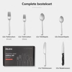 Deleca 12 Persoons Bestekset (72-delig) - Lepels, Messen, Vorken & Steakmessen - Vaatwasserbestendig - Zilver / RVS -Home-Keuken 1200x1200 657
