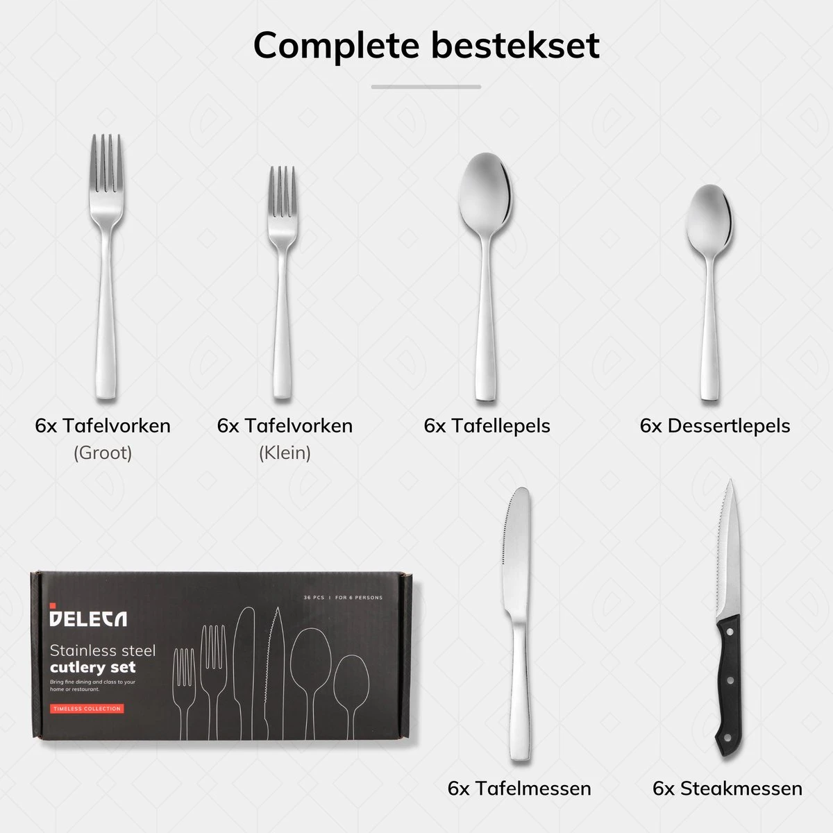 Deleca 6 Persoons Bestekset (36-delig) - Lepels, Messen, Vorken & Steakmessen - Vaatwasserbestendig - Zilver / RVS 12 Deleca 6 Persoons Bestekset (36-delig) - Lepels, Messen, Vorken & Steakmessen - Vaatwasserbestendig - Zilver / RVS - Afbeelding 10