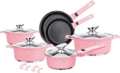 Swiss Pro+ | Set 14 Delige Pannenset | Inductie - Pannensets - Glazen Deksel - Met Afneembare Handgreep - Marmeren Interieur -PFAS-vrij | Pink