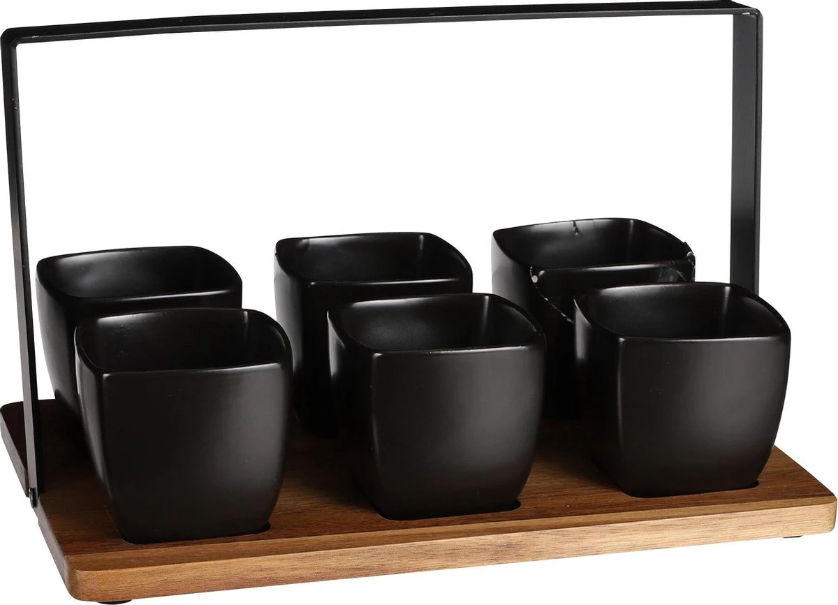 Mica Decorations - Luxe Tapas Set - 6 Zwarte Tapas Schaaltjes Op Houten Tapasplank - Servies - Borrelplank Olijfhout 3 Mica Decorations - Luxe Tapas Set - 6 Zwarte Tapas Schaaltjes Op Houten Tapasplank - Servies - Borrelplank Olijfhout